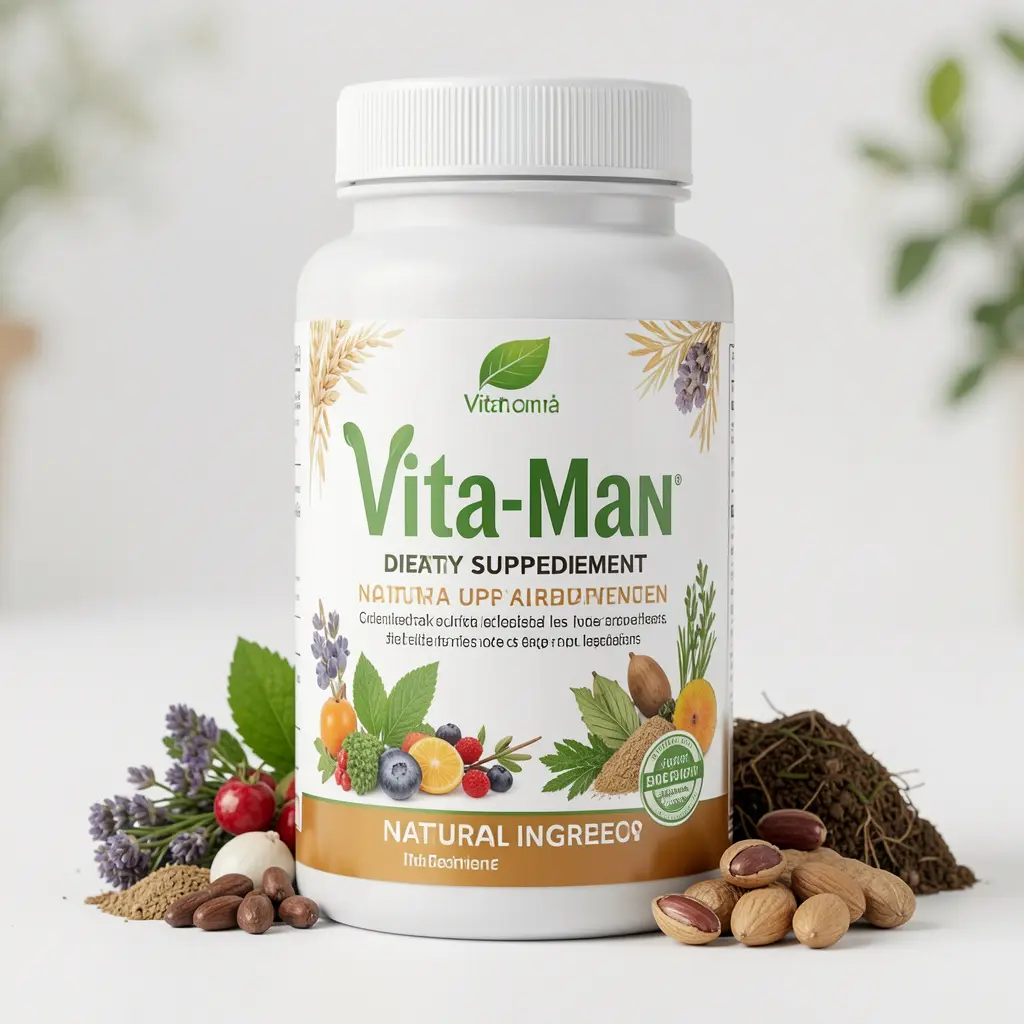Vita-Man dietary supplement bottle with natural ingredients